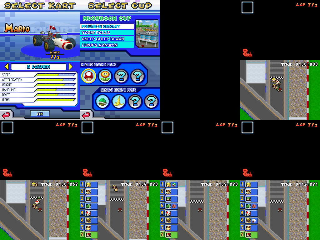 Selección de kart y de copa, y el principio de una carrera de Mario Kart DS en PC