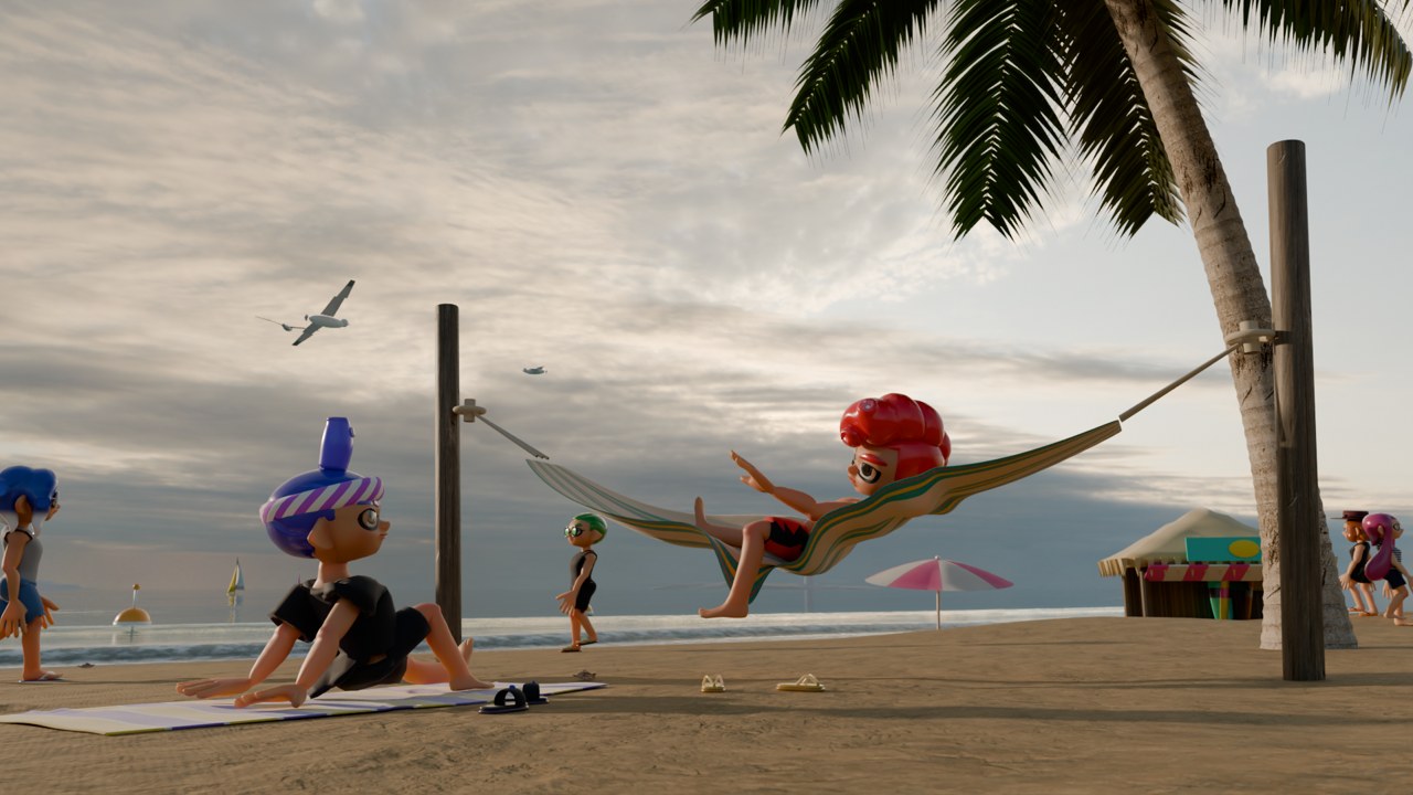 Escena del wallpaper: playa con personajes de Splatoon